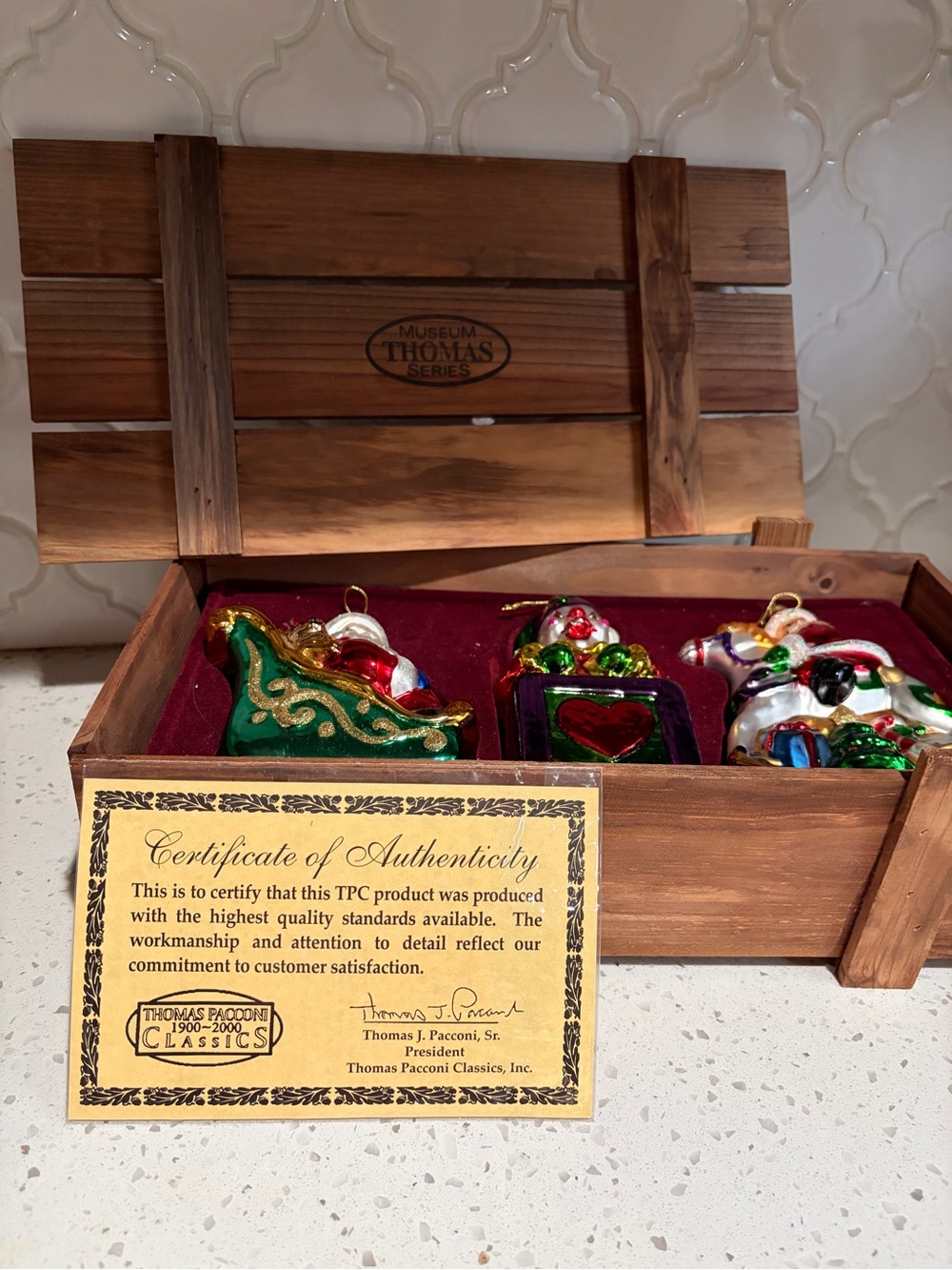 Wooden Box with Green and Multicolor Holiday Ornaments